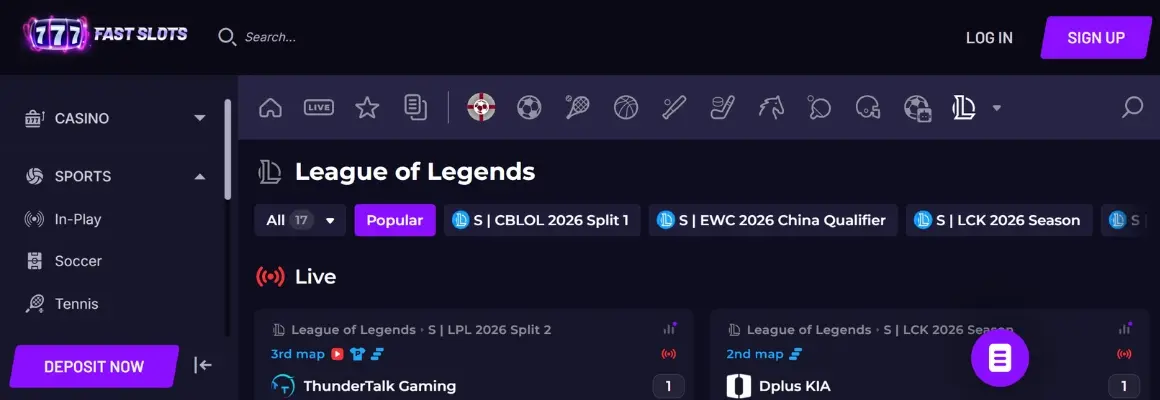 Fast Slots esports menu showing live League of Legends betting for CBLOL and LCK 2026.